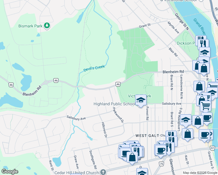 map of restaurants, bars, coffee shops, grocery stores, and more near Regional Road 46 in Cambridge