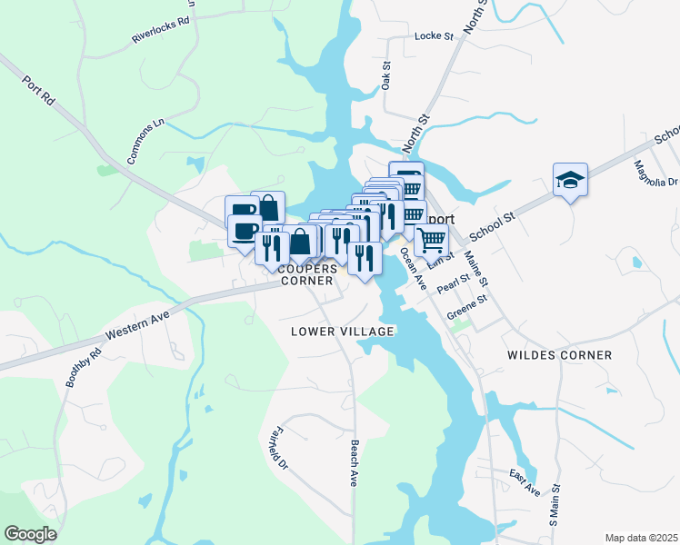 map of restaurants, bars, coffee shops, grocery stores, and more near 13 Western Avenue in Kennebunk