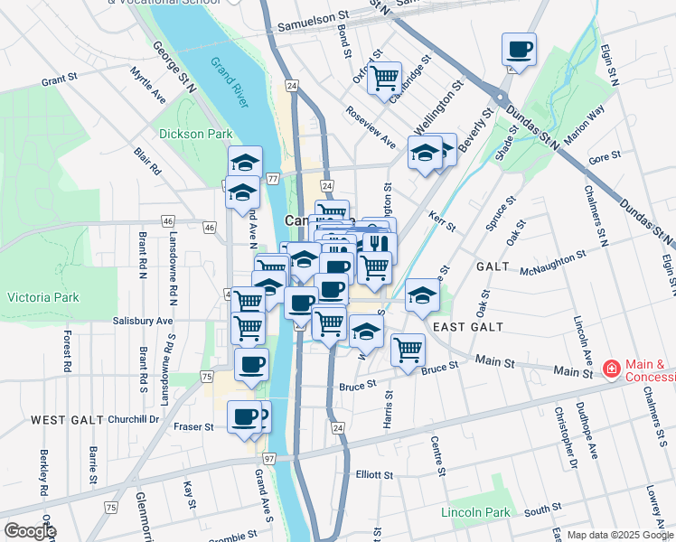 map of restaurants, bars, coffee shops, grocery stores, and more near Ainslie St N & Dickson St in Cambridge