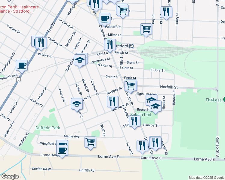 map of restaurants, bars, coffee shops, grocery stores, and more near 31 McNab Street in Stratford