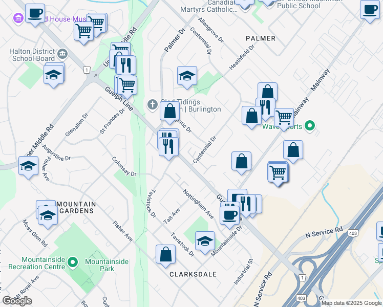 map of restaurants, bars, coffee shops, grocery stores, and more near 3007 Centennial Drive in Burlington