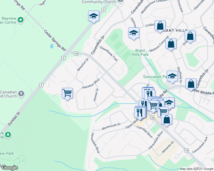 map of restaurants, bars, coffee shops, grocery stores, and more near 1310 Hazelton Boulevard in Burlington