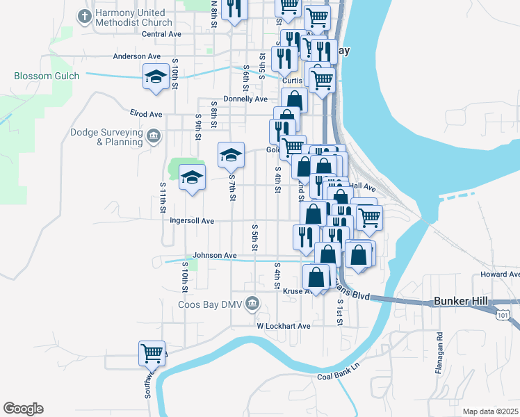 map of restaurants, bars, coffee shops, grocery stores, and more near 841 South 4th Street in Coos Bay