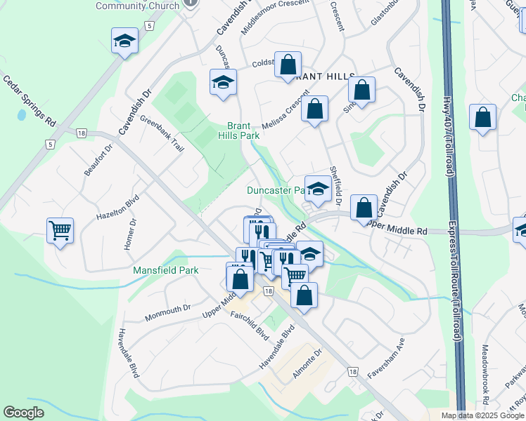 map of restaurants, bars, coffee shops, grocery stores, and more near 2155 Duncaster Drive in Burlington