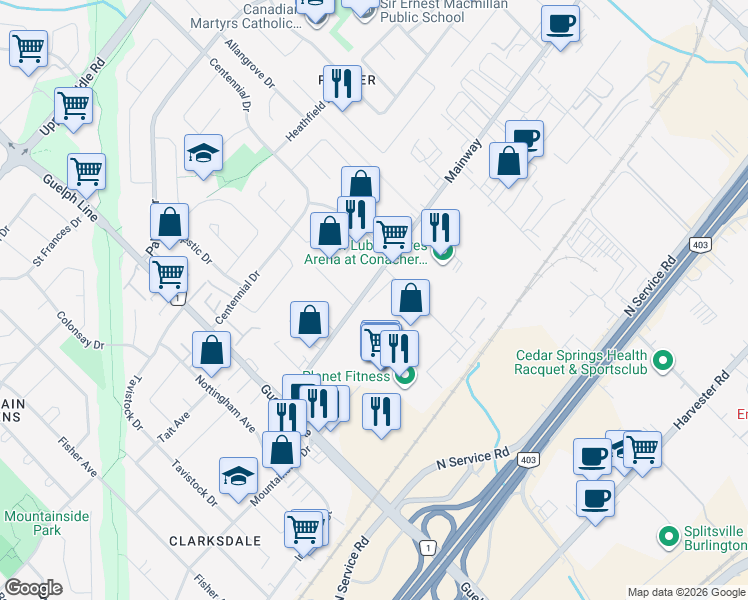 map of restaurants, bars, coffee shops, grocery stores, and more near 3100 Mainway in Burlington