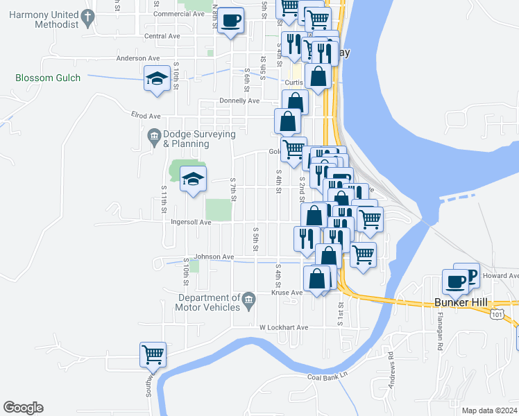 map of restaurants, bars, coffee shops, grocery stores, and more near 839 South 5th Street in Coos Bay