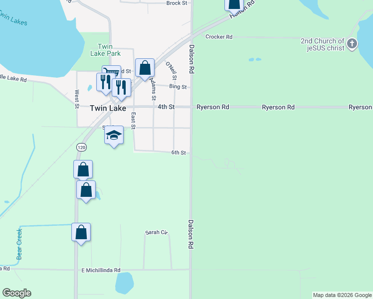 map of restaurants, bars, coffee shops, grocery stores, and more near 5846 O'Neil Street in Twin Lake