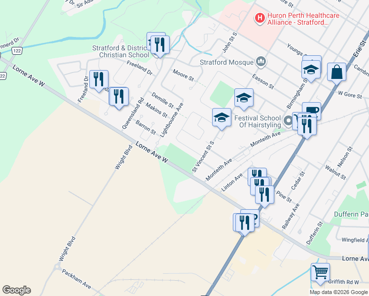 map of restaurants, bars, coffee shops, grocery stores, and more near 201 Patricia Road in Stratford