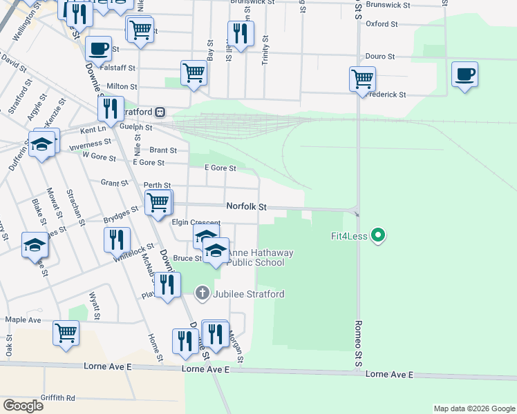 map of restaurants, bars, coffee shops, grocery stores, and more near Norfolk Street in Stratford