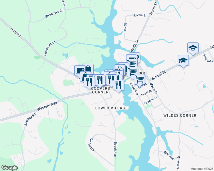 map of restaurants, bars, coffee shops, grocery stores, and more near 13 Western Avenue in Kennebunk
