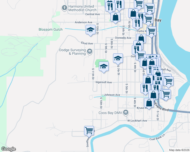 map of restaurants, bars, coffee shops, grocery stores, and more near 846 South 11th Street in Coos Bay