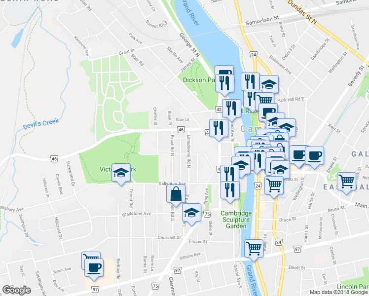 map of restaurants, bars, coffee shops, grocery stores, and more near 34 A Lansdowne Road North in Cambridge