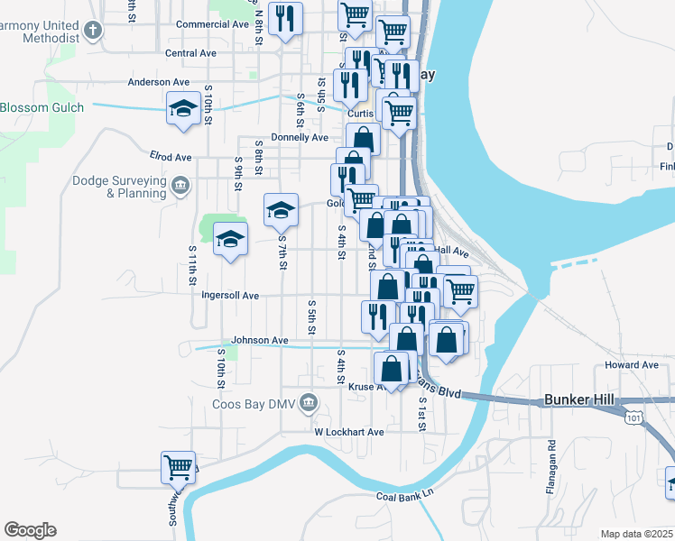 map of restaurants, bars, coffee shops, grocery stores, and more near 841 South 4th Street in Coos Bay