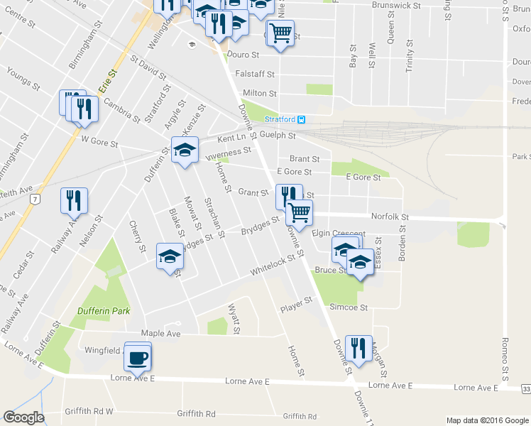 map of restaurants, bars, coffee shops, grocery stores, and more near 31 McNab Street in Stratford
