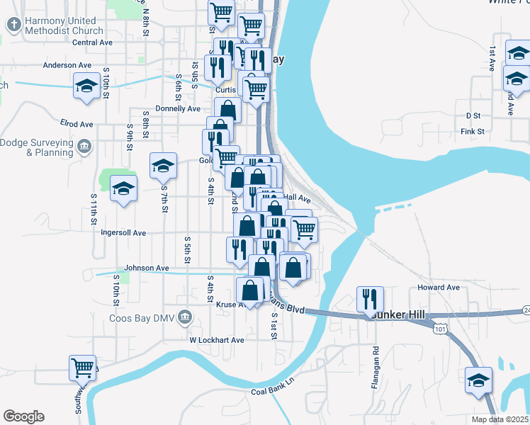 map of restaurants, bars, coffee shops, grocery stores, and more near 862 South Broadway in Coos Bay
