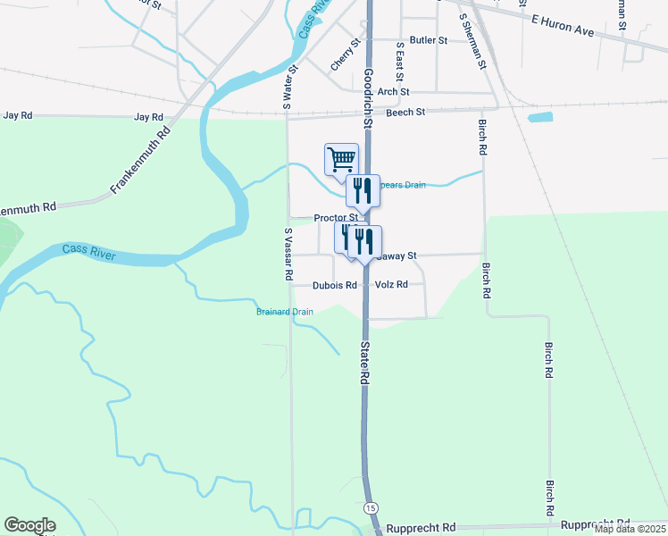 map of restaurants, bars, coffee shops, grocery stores, and more near 5697 James Street in Vassar