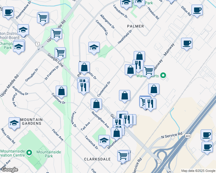 map of restaurants, bars, coffee shops, grocery stores, and more near 3054 Centennial Drive in Burlington