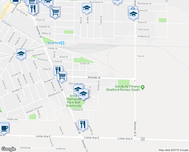 map of restaurants, bars, coffee shops, grocery stores, and more near 168 Norfolk Street in Stratford