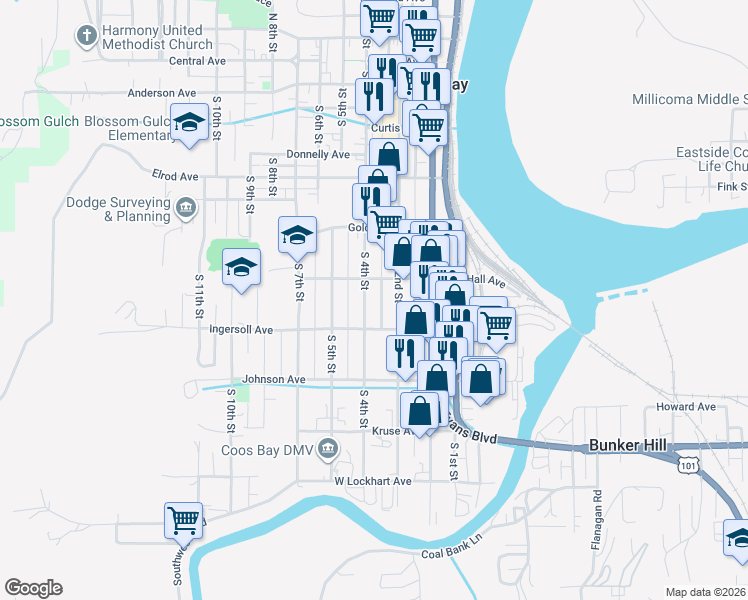 map of restaurants, bars, coffee shops, grocery stores, and more near 852 South 4th Street in Coos Bay