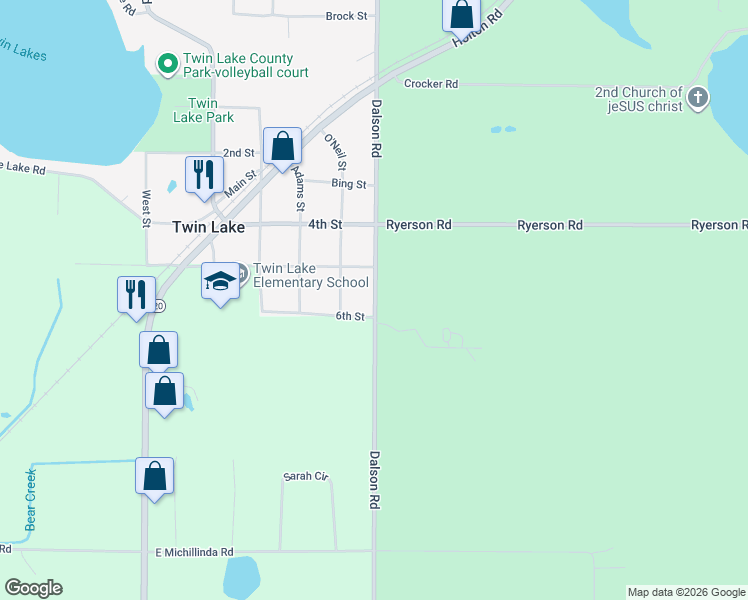 map of restaurants, bars, coffee shops, grocery stores, and more near 5832 Dalson Rd in Muskegon