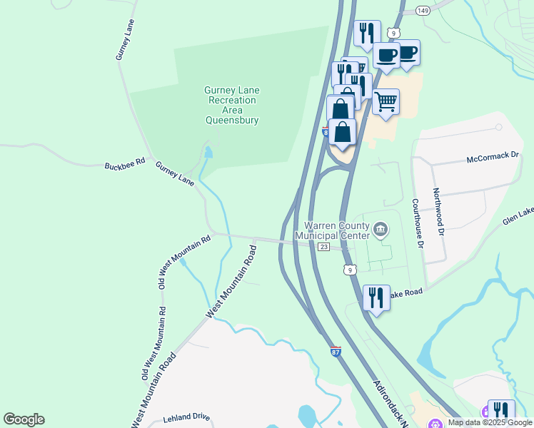 map of restaurants, bars, coffee shops, grocery stores, and more near 42 Gurney Lane in Queensbury