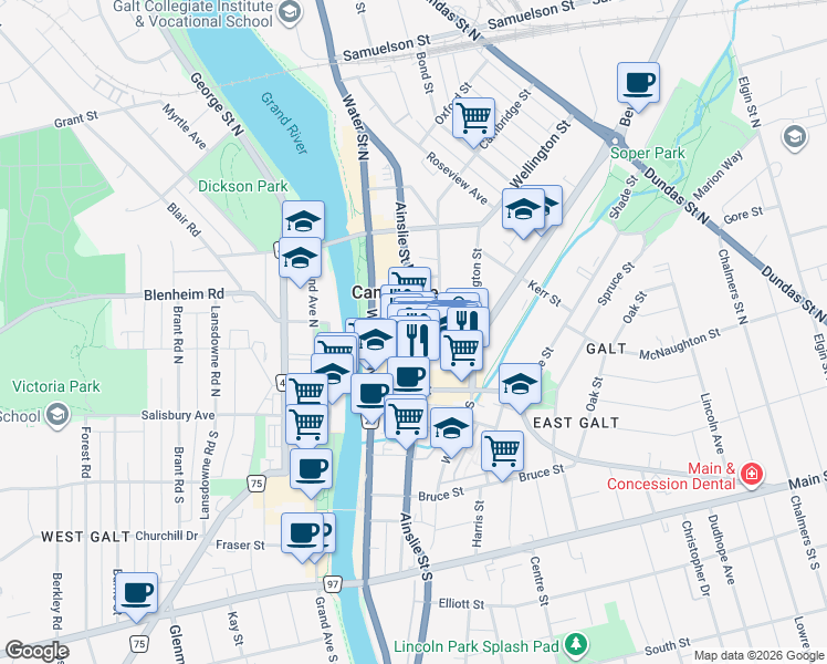 map of restaurants, bars, coffee shops, grocery stores, and more near 6 Cambridge Street in Cambridge