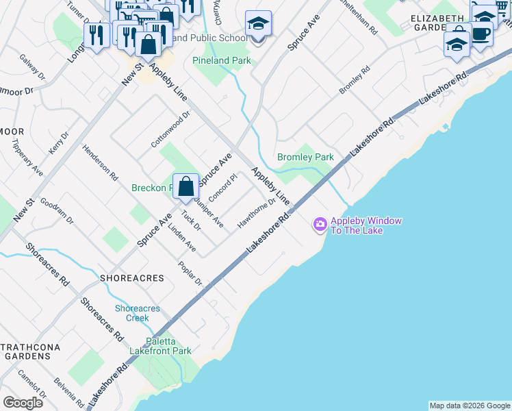 map of restaurants, bars, coffee shops, grocery stores, and more near 4499 Hawthorne Drive in Burlington