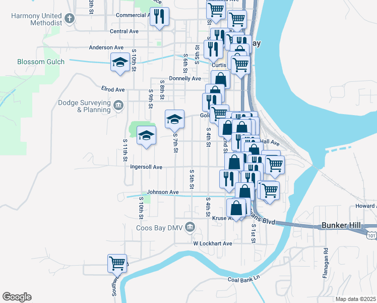 map of restaurants, bars, coffee shops, grocery stores, and more near 839 South 5th Street in Coos Bay