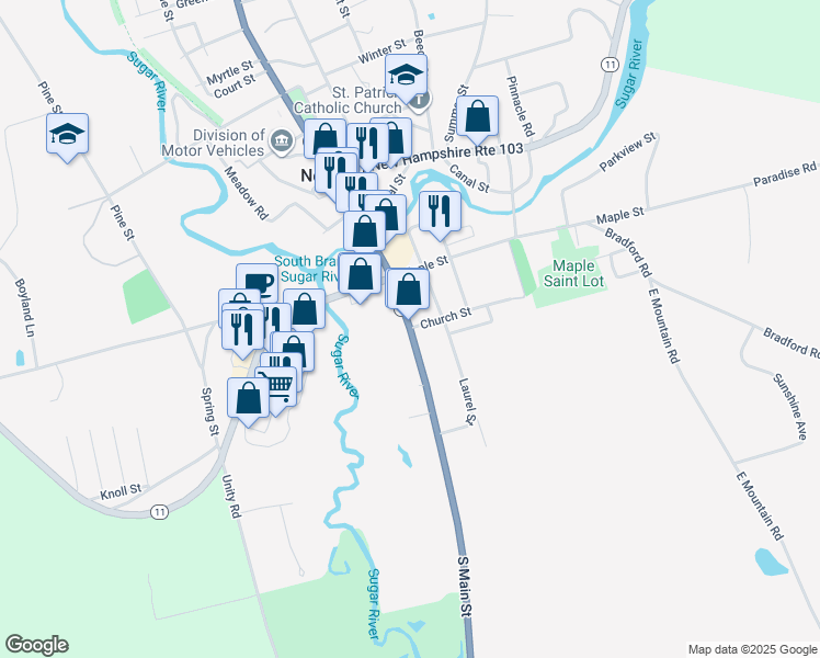 map of restaurants, bars, coffee shops, grocery stores, and more near 58 South Main Street in Newport