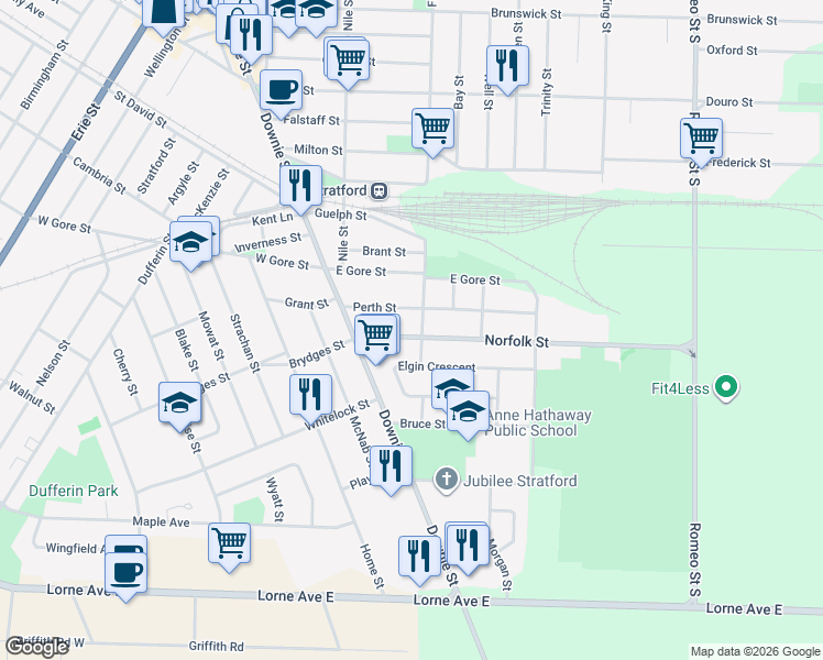 map of restaurants, bars, coffee shops, grocery stores, and more near 50 Norfolk Street in Stratford