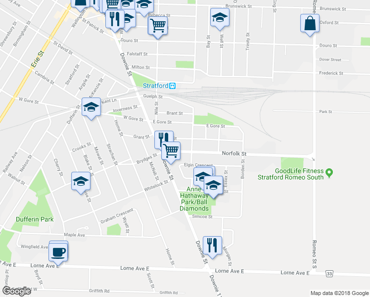 map of restaurants, bars, coffee shops, grocery stores, and more near 50 Norfolk Street in Stratford
