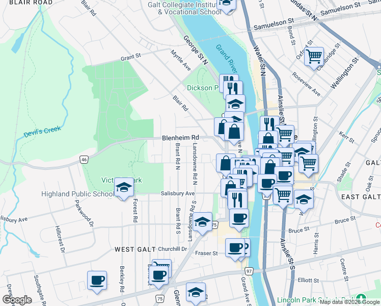 map of restaurants, bars, coffee shops, grocery stores, and more near 34 A Lansdowne Road North in Cambridge