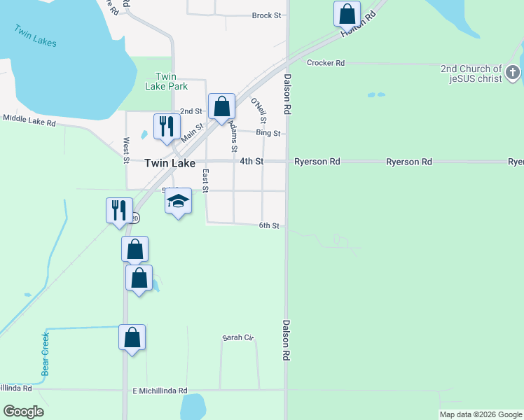 map of restaurants, bars, coffee shops, grocery stores, and more near 5846 O'Neil Street in Twin Lake