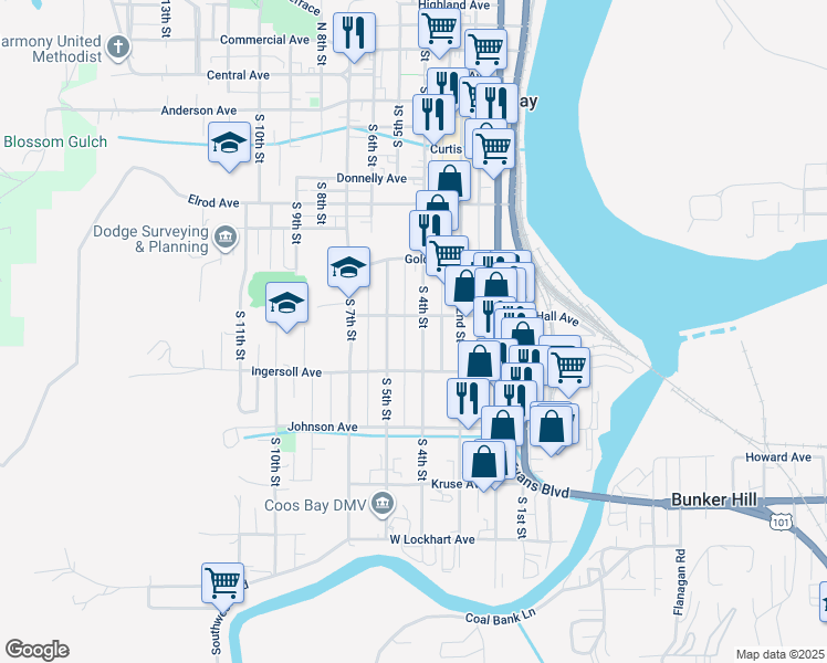 map of restaurants, bars, coffee shops, grocery stores, and more near 841 South 4th Street in Coos Bay