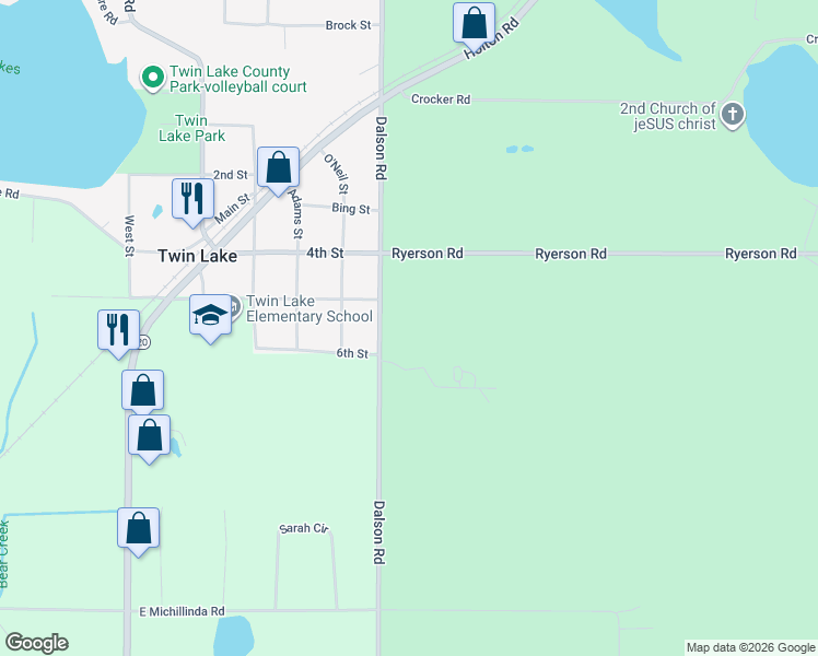 map of restaurants, bars, coffee shops, grocery stores, and more near 5832 Dalson Road in Twin Lake