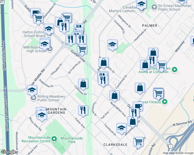 map of restaurants, bars, coffee shops, grocery stores, and more near 1380 Guelph Line in Burlington