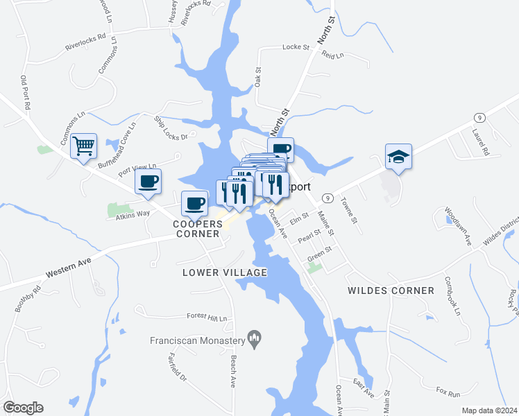 map of restaurants, bars, coffee shops, grocery stores, and more near 21 Ocean Avenue in Kennebunkport