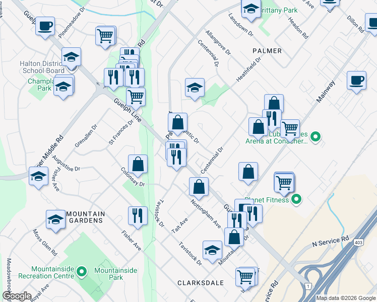 map of restaurants, bars, coffee shops, grocery stores, and more near 3008 Palmer Drive in Burlington