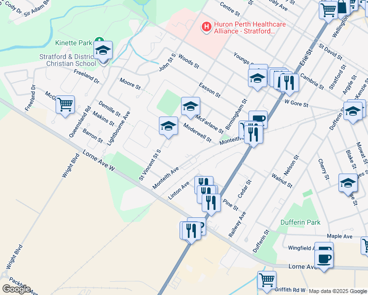 map of restaurants, bars, coffee shops, grocery stores, and more near 128 Monteith Avenue in Stratford