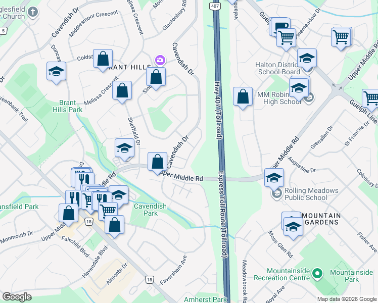 map of restaurants, bars, coffee shops, grocery stores, and more near 2301 Cavendish Drive in Burlington