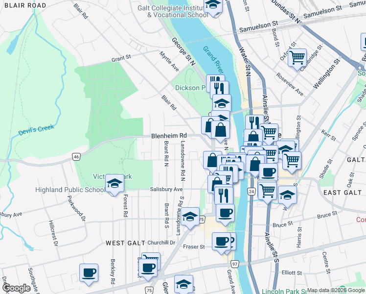 map of restaurants, bars, coffee shops, grocery stores, and more near 38 Lansdowne Road North in Cambridge