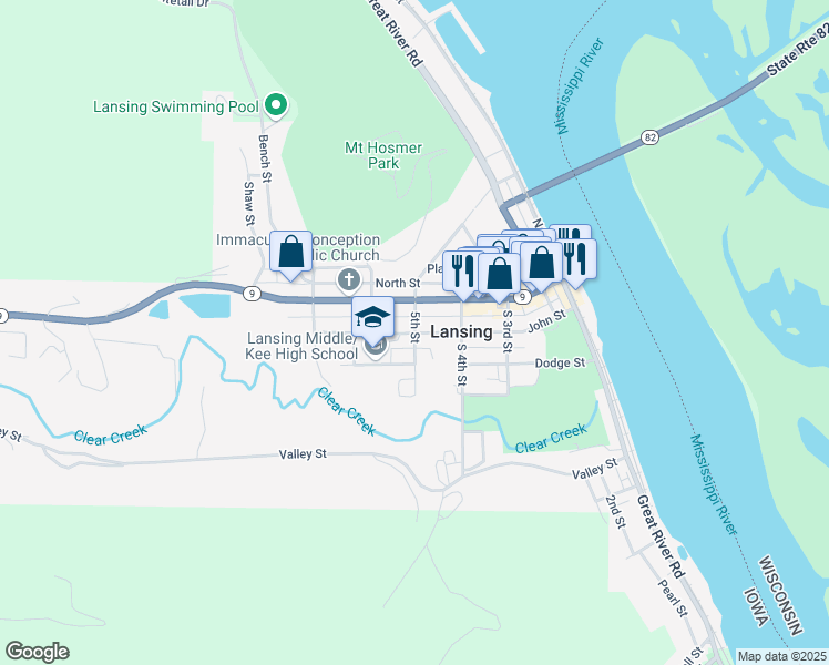 map of restaurants, bars, coffee shops, grocery stores, and more near 5th Street in Lansing