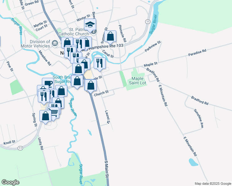 map of restaurants, bars, coffee shops, grocery stores, and more near 35 Woodland Street in Newport