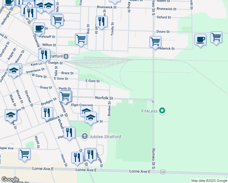 map of restaurants, bars, coffee shops, grocery stores, and more near 39 Borden Street in Stratford