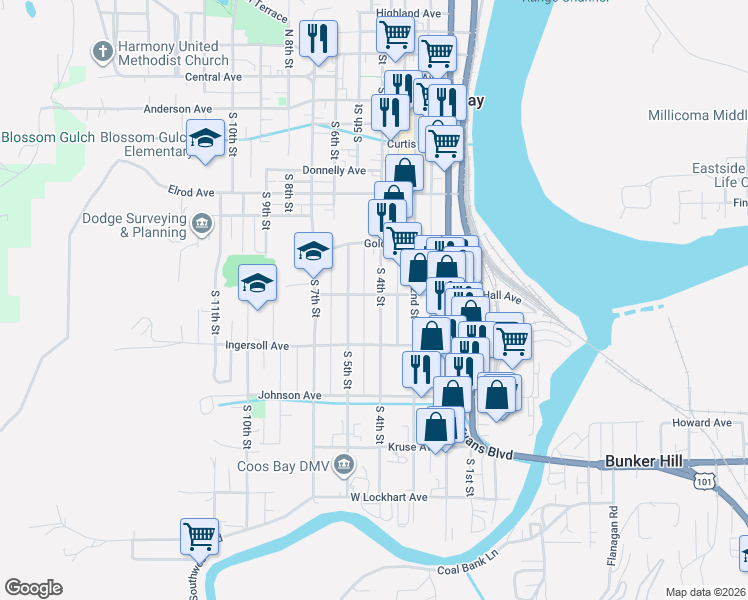map of restaurants, bars, coffee shops, grocery stores, and more near 425 Hall Avenue in Coos Bay