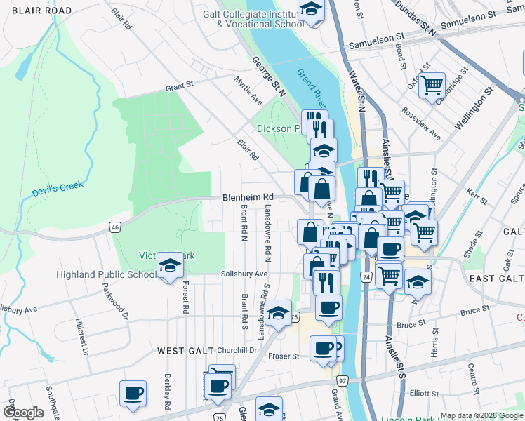 map of restaurants, bars, coffee shops, grocery stores, and more near 34 A Lansdowne Road North in Cambridge