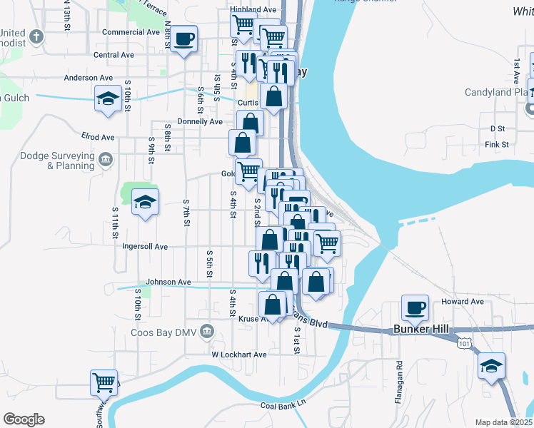 map of restaurants, bars, coffee shops, grocery stores, and more near 835 South Broadway in Coos Bay