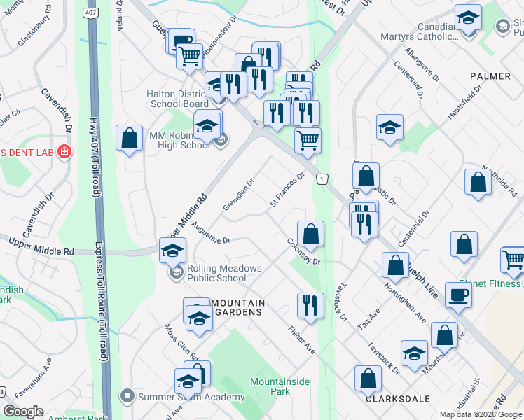 map of restaurants, bars, coffee shops, grocery stores, and more near 2392 Saint Frances Drive in Burlington