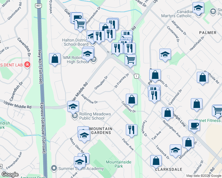 map of restaurants, bars, coffee shops, grocery stores, and more near 2407 Saint Frances Drive in Burlington