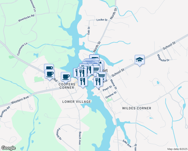 map of restaurants, bars, coffee shops, grocery stores, and more near 21 Ocean Avenue in Kennebunkport